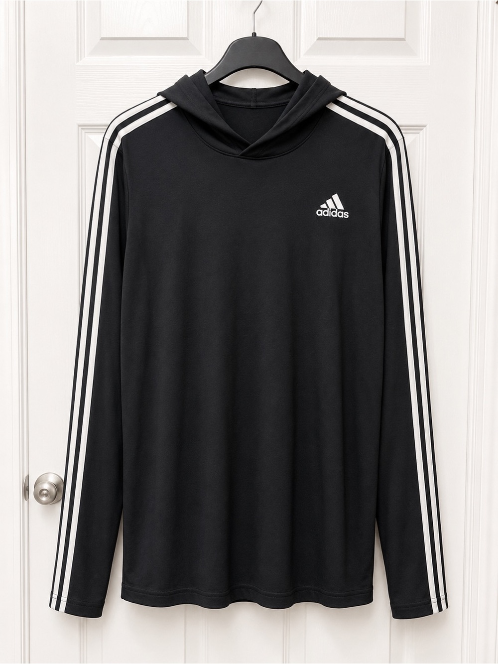 Men’s adidas Black Hooded Long-Sleeve Shirt with White Stripes